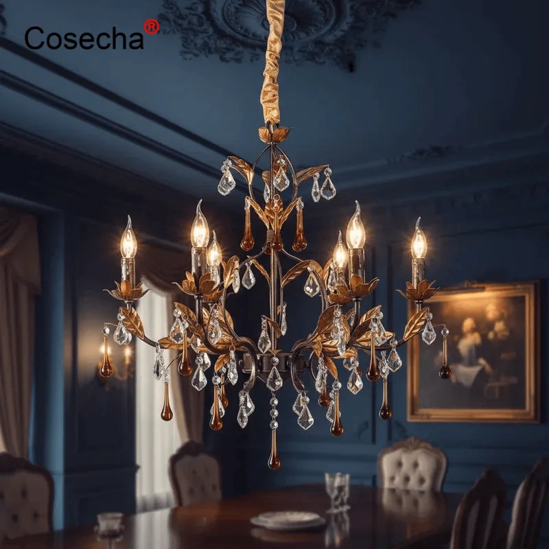 French Crystal Chandelier Bedroom 6 Lights Dining Room Hanging Lamps Living Room Chandeliers With Gold Leaf Classic 8 Lights