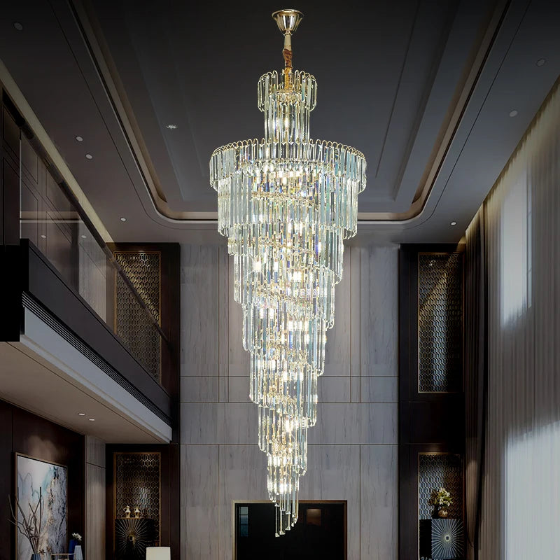 Loft Crystal Ceiling Chandelier For Staircase Living Room Modern Luxury Hall Large Crystal Chandeliers For High Ceiling Stairway