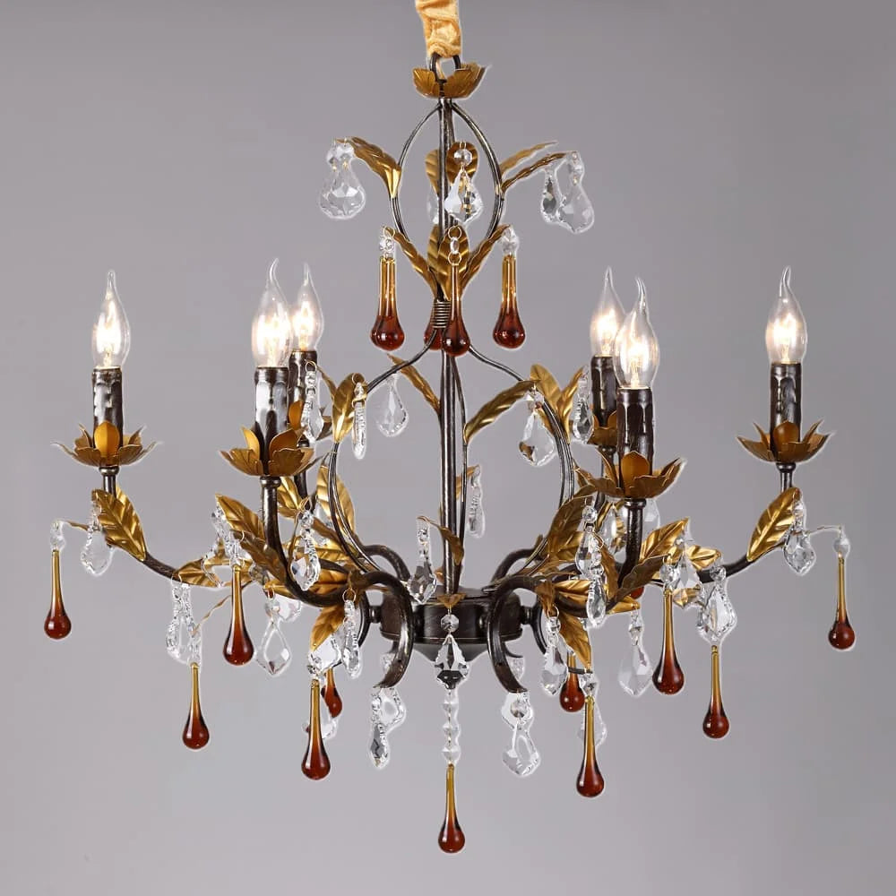French Crystal Chandelier Bedroom 6 Lights Dining Room Hanging Lamps Living Room Chandeliers With Gold Leaf Classic 8 Lights