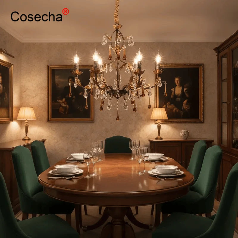 French Crystal Chandelier Bedroom 6 Lights Dining Room Hanging Lamps Living Room Chandeliers With Gold Leaf Classic 8 Lights