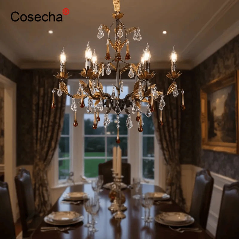 French Crystal Chandelier Bedroom 6 Lights Dining Room Hanging Lamps Living Room Chandeliers With Gold Leaf Classic 8 Lights