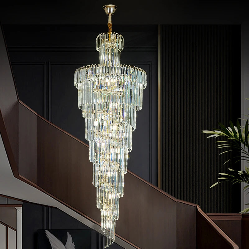 Loft Crystal Ceiling Chandelier For Staircase Living Room Modern Luxury Hall Large Crystal Chandeliers For High Ceiling Stairway