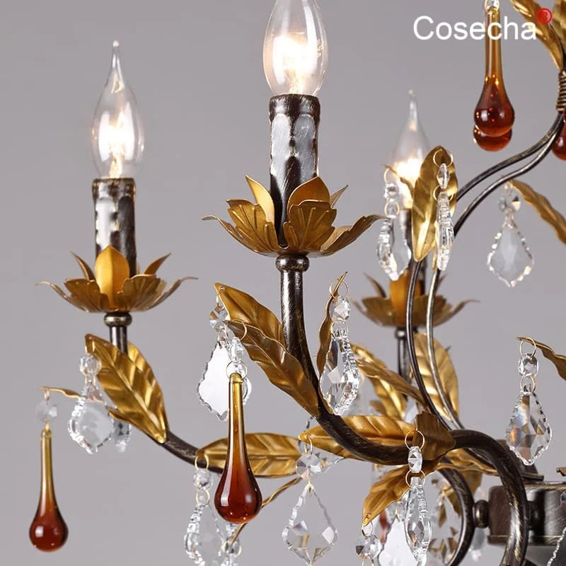 French Crystal Chandelier Bedroom 6 Lights Dining Room Hanging Lamps Living Room Chandeliers With Gold Leaf Classic 8 Lights