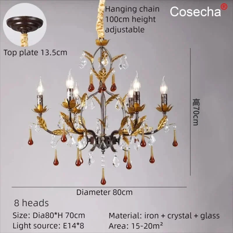 French Crystal Chandelier Bedroom 6 Lights Dining Room Hanging Lamps Living Room Chandeliers With Gold Leaf Classic 8 Lights