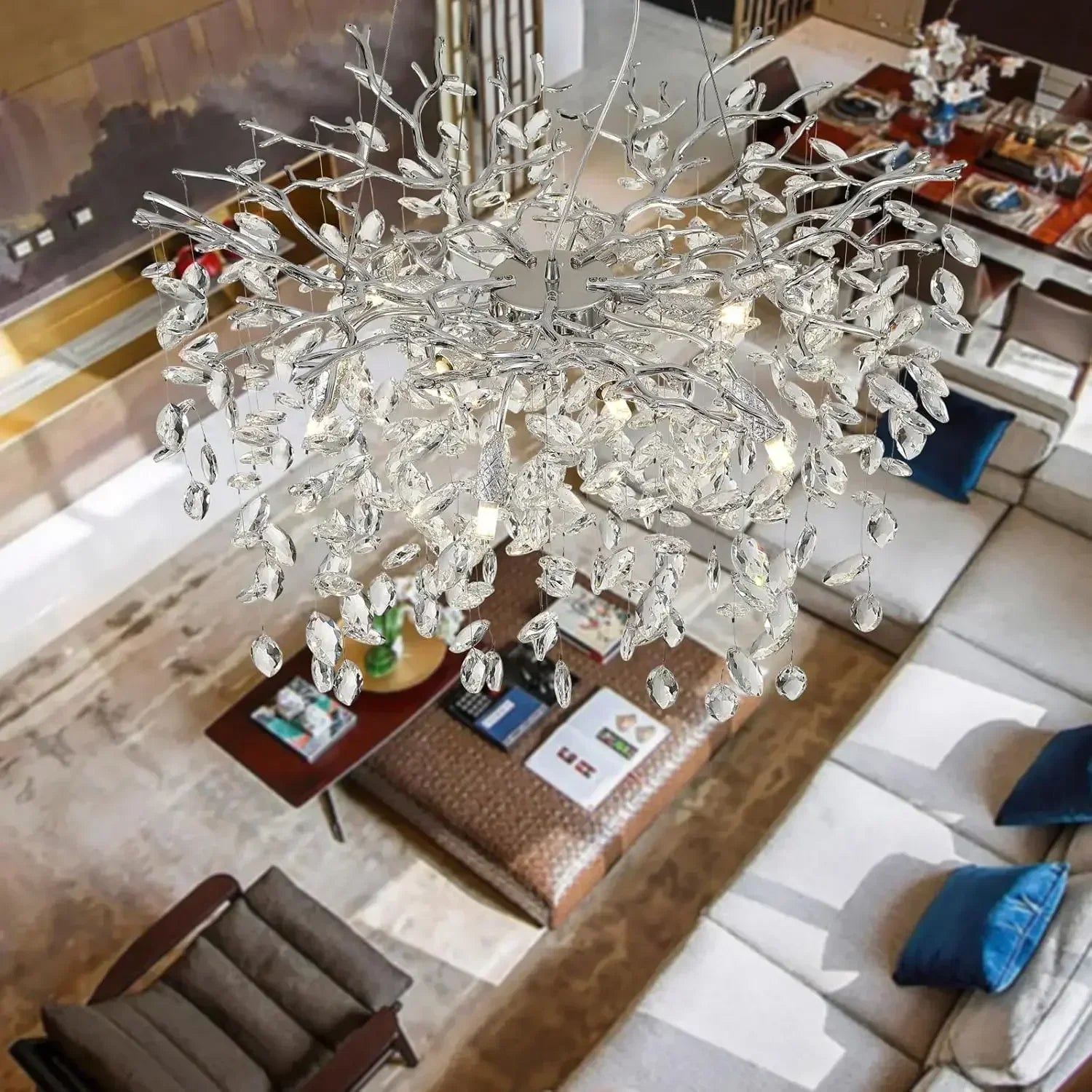 Modern Chrome Crystal Ceiling Chandelier Round Branch Crystal Chandeliers For Dining Living Room Bedroom Kitchen Fixture