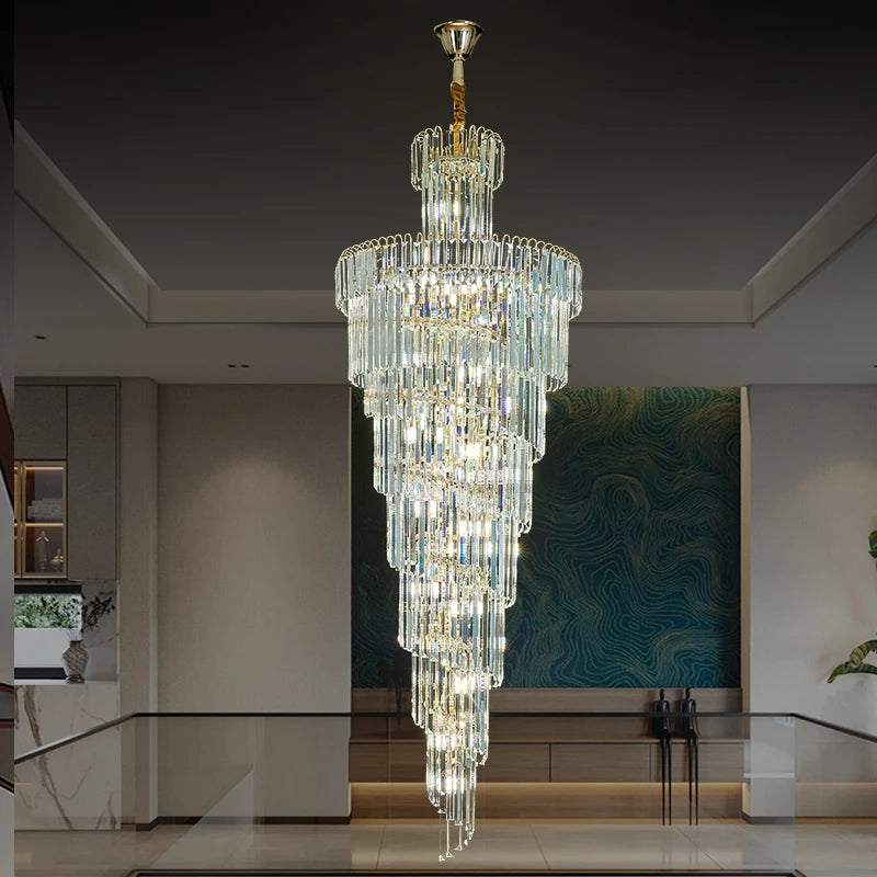 Loft Crystal Ceiling Chandelier For Staircase Living Room Modern Luxury Hall Large Crystal Chandeliers For High Ceiling Stairway